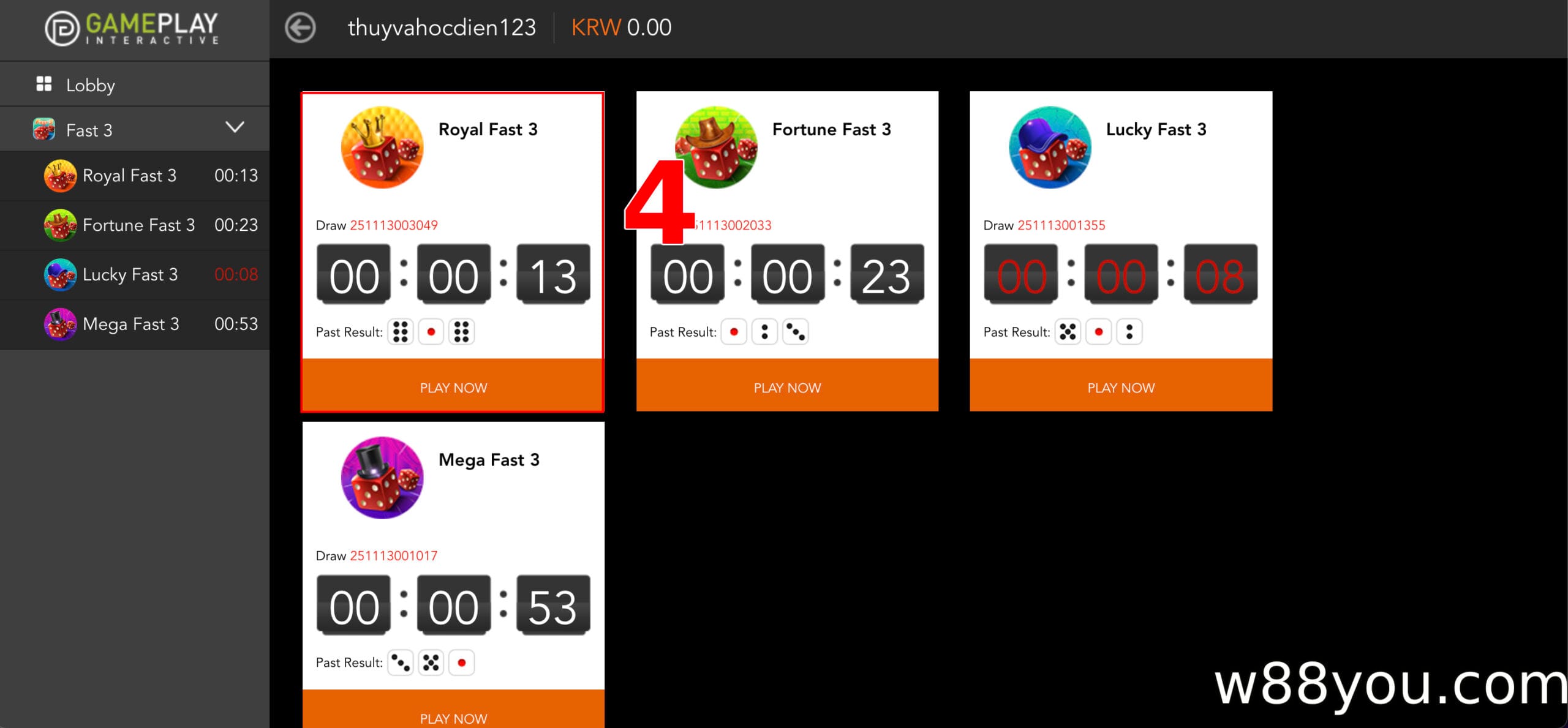 참여하려는 Fast 3 게임과 베팅 로비를 선택하세요