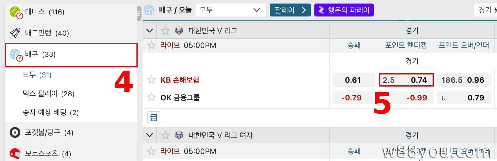 배구와 핸디캡 2.5를 선택하세요