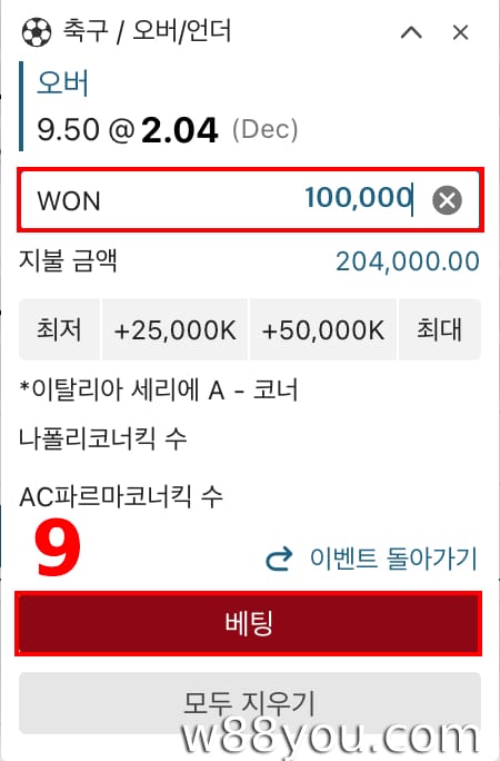 베팅 금액을 입력하고 베팅을 확인하세요. 