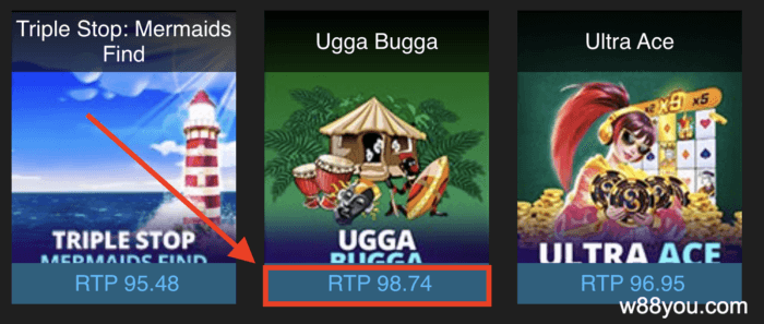 Marked in the image is the highet RTP slot by Playtech - Ugga Bugga with 98.74 RTP